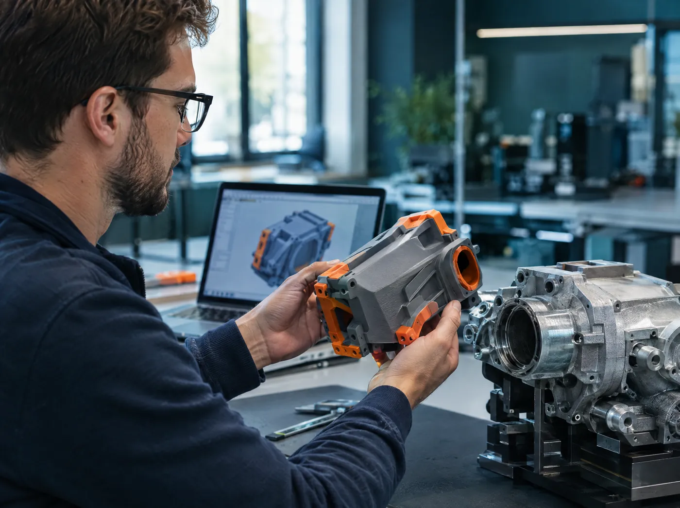Ingeniero revisando el ajuste de un prototipo funcional impreso en 3D